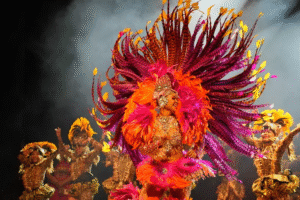 Cirandeira com fantasia colorida de penas roxas, laranjas e douradas se apresenta no Festival de Cirandas de Manacapuru.