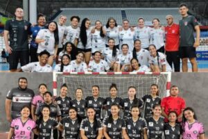 Equipes femininas de handebol do HCM e do Rio Negro posam para foto antes da disputa da Liga Nacional de Handebol