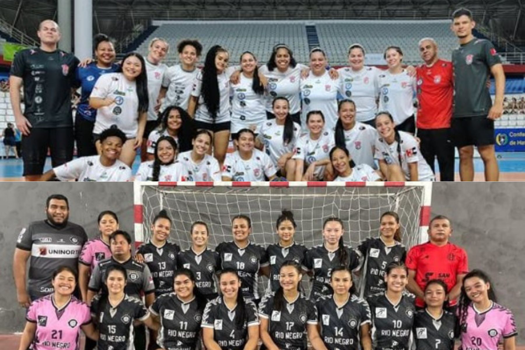Equipes femininas de handebol do HCM e do Rio Negro posam para foto antes da disputa da Liga Nacional de Handebol