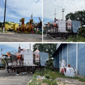 Carros alegóricos abandonado em frente a barracão no Sambódromo de Manaus, alvo de ação do MPAM.