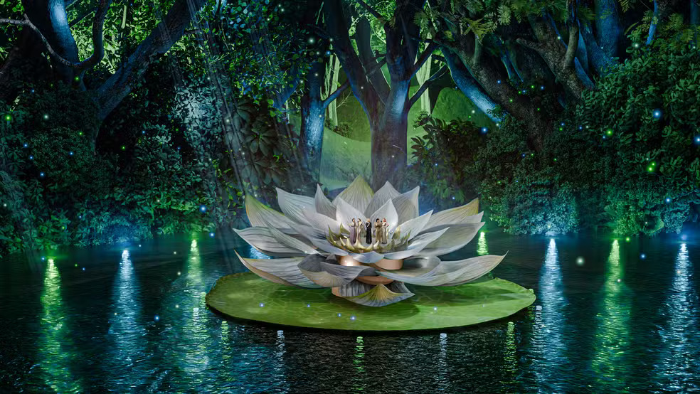 Palco em formato de vitória-régia sobre o rio Guamá em Belém, cenário do Amazônia Live 2025, que terá show de Mariah Carey e artistas brasileiros.