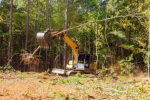 Escavadeira derruba árvores em área de floresta durante processo de desmatamento na Amazônia