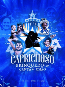 Cartaz oficial do Boi Caprichoso com o tema "Caprichoso: Brinquedo que Canta seu Chão" para o Festival de Parintins 2026