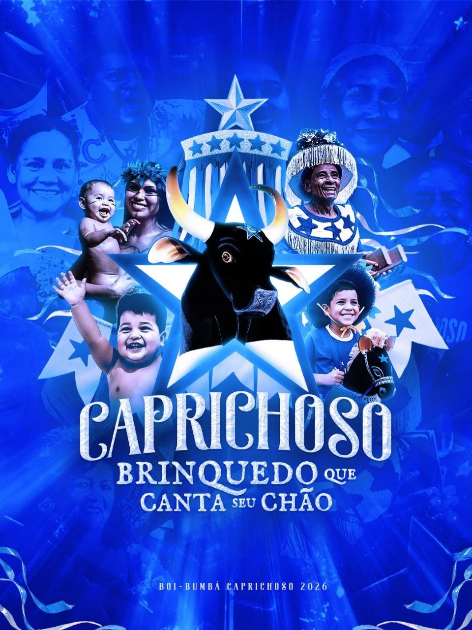 Cartaz oficial do Boi Caprichoso com o tema "Caprichoso: Brinquedo que Canta seu Chão" para o Festival de Parintins 2026