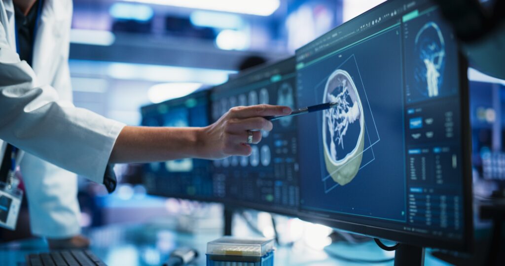 Médico analisa exame de imagem em monitor durante avaliação de paciente com suspeita de câncer