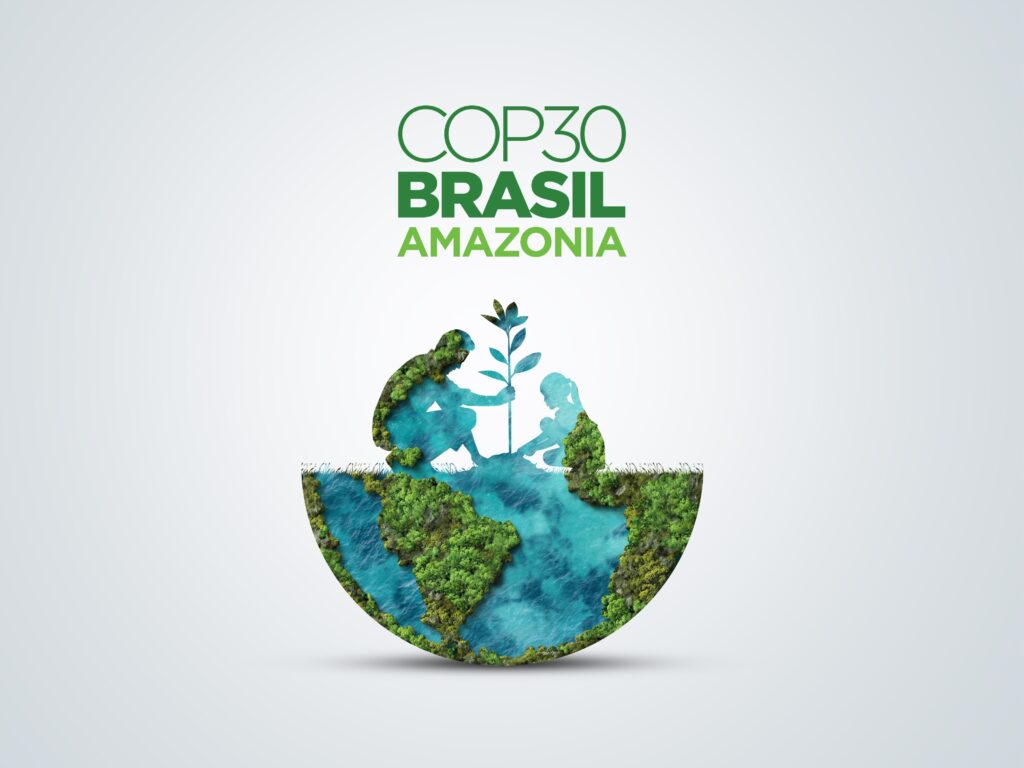 Arte ilustrativa com elementos climáticos e o logotipo da COP 30, destacando que a maioria dos brasileiros apoia o evento, mas mais da metade diz não saber do que se trata.