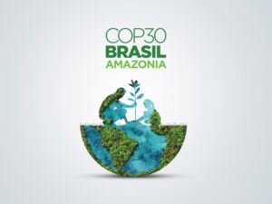 Arte ilustrativa com elementos climáticos e o logotipo da COP 30, destacando que a maioria dos brasileiros apoia o evento, mas mais da metade diz não saber do que se trata.