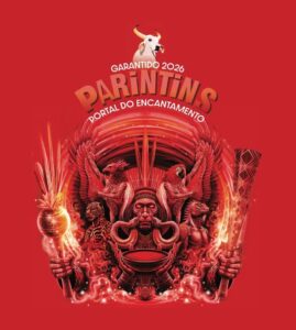 Arte do tema “Parintins: Portal do Encantamento” do Boi Garantido 2026, com elementos vermelhos e figuras simbólicas da cultura amazônica
