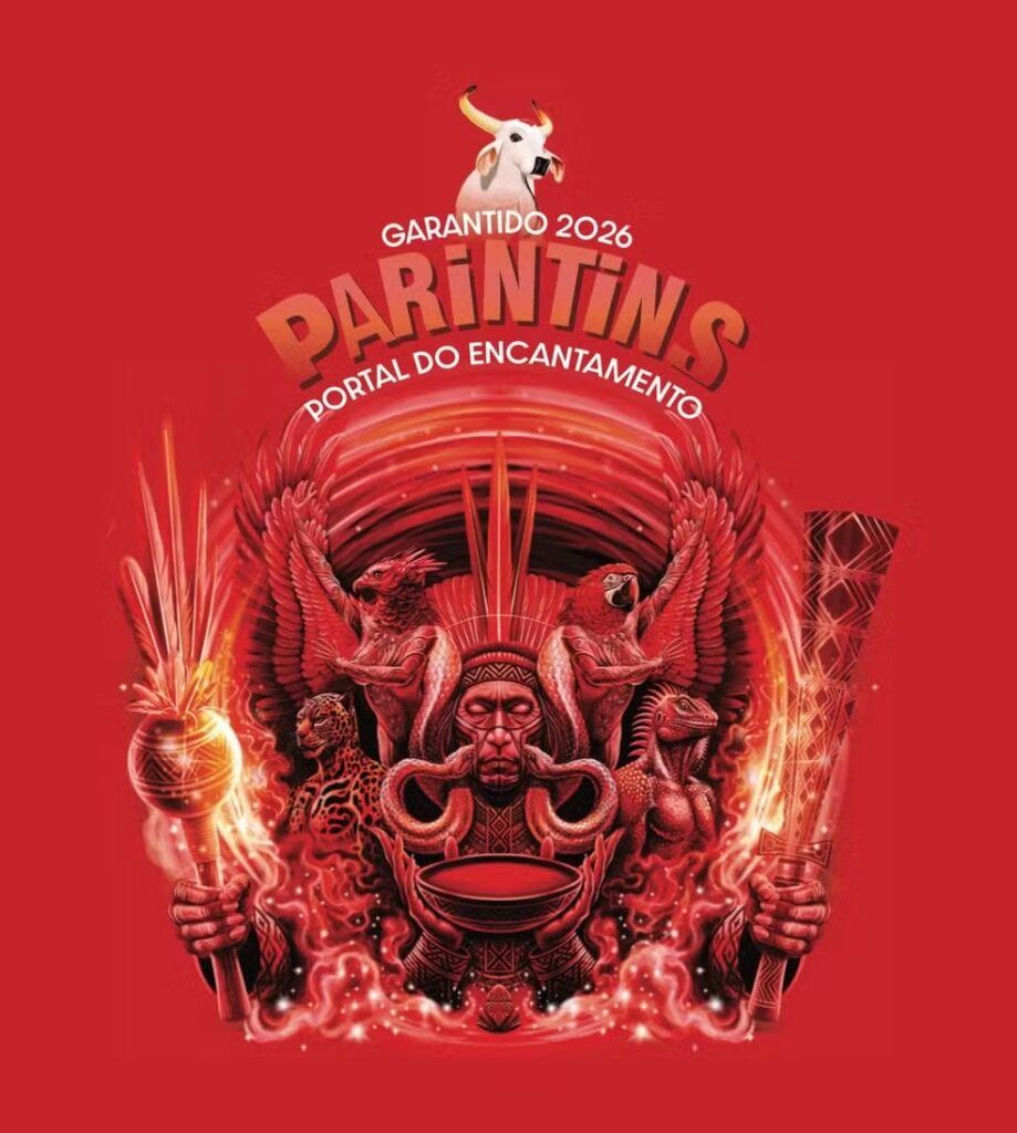 Arte do tema “Parintins: Portal do Encantamento” do Boi Garantido 2026, com elementos vermelhos e figuras simbólicas da cultura amazônica