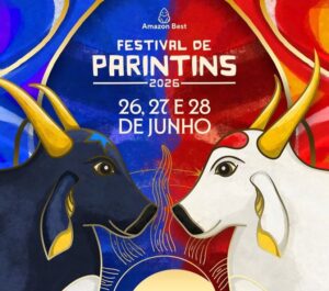 Bois Caprichoso e Garantido em arte oficial do Festival de Parintins 2026 com datas 26, 27 e 28 de junho