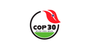 Logo da COP30 com folha vermelha, estrela azul e texto “COP30 – Belém, Pará, Brasil”.