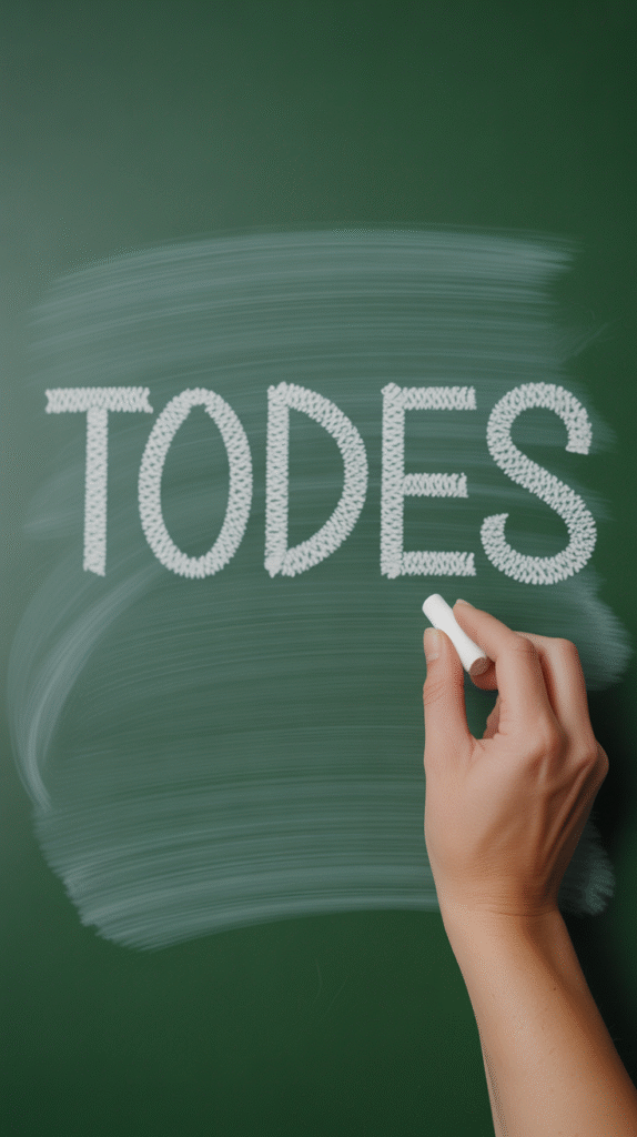 Mão escrevendo a palavra “todes” em um quadro negro, representação da linguagem neutra.