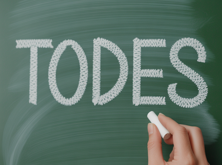 Mão escrevendo a palavra “todes” em um quadro negro, representação da linguagem neutra.