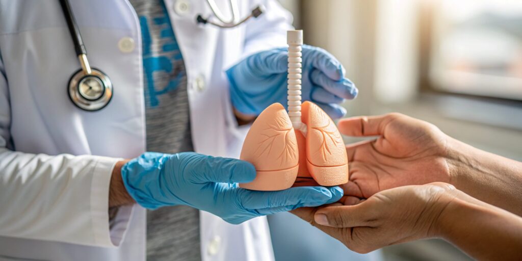 Médico segurando um modelo anatômico de pulmões enquanto orienta um paciente, ilustrando cuidados com doenças respiratórias como a bronquiolite.