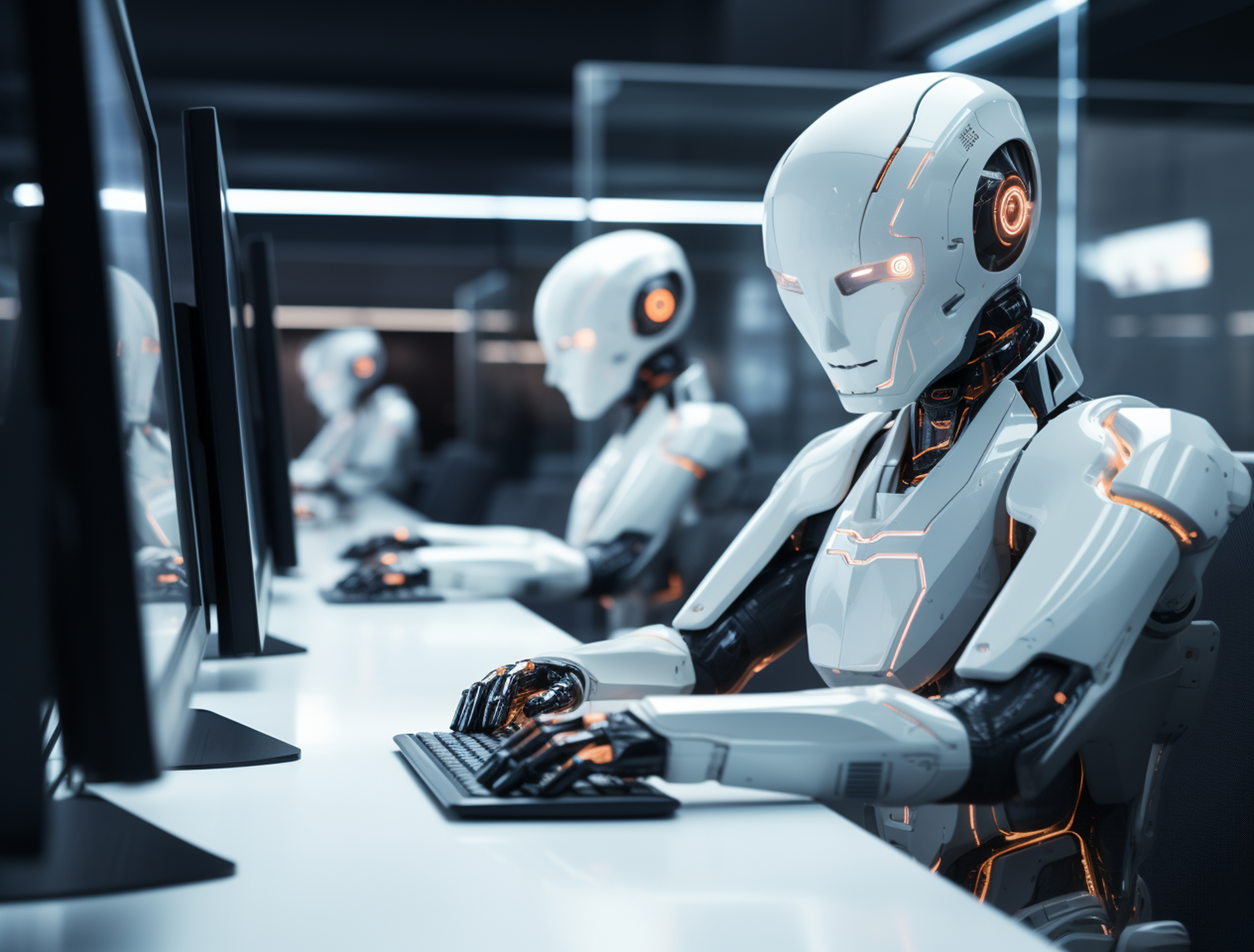 Robô humanoide operando computador em ambiente de trabalho digital