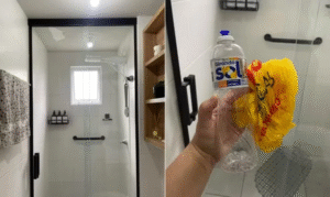 Sacola plástica usada para limpeza de box de banheiro em truque viral do TikTok