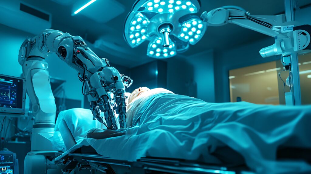 Robô cirúrgico operando paciente em sala de cirurgia moderna, com iluminação azul e equipamentos médicos ao redor.