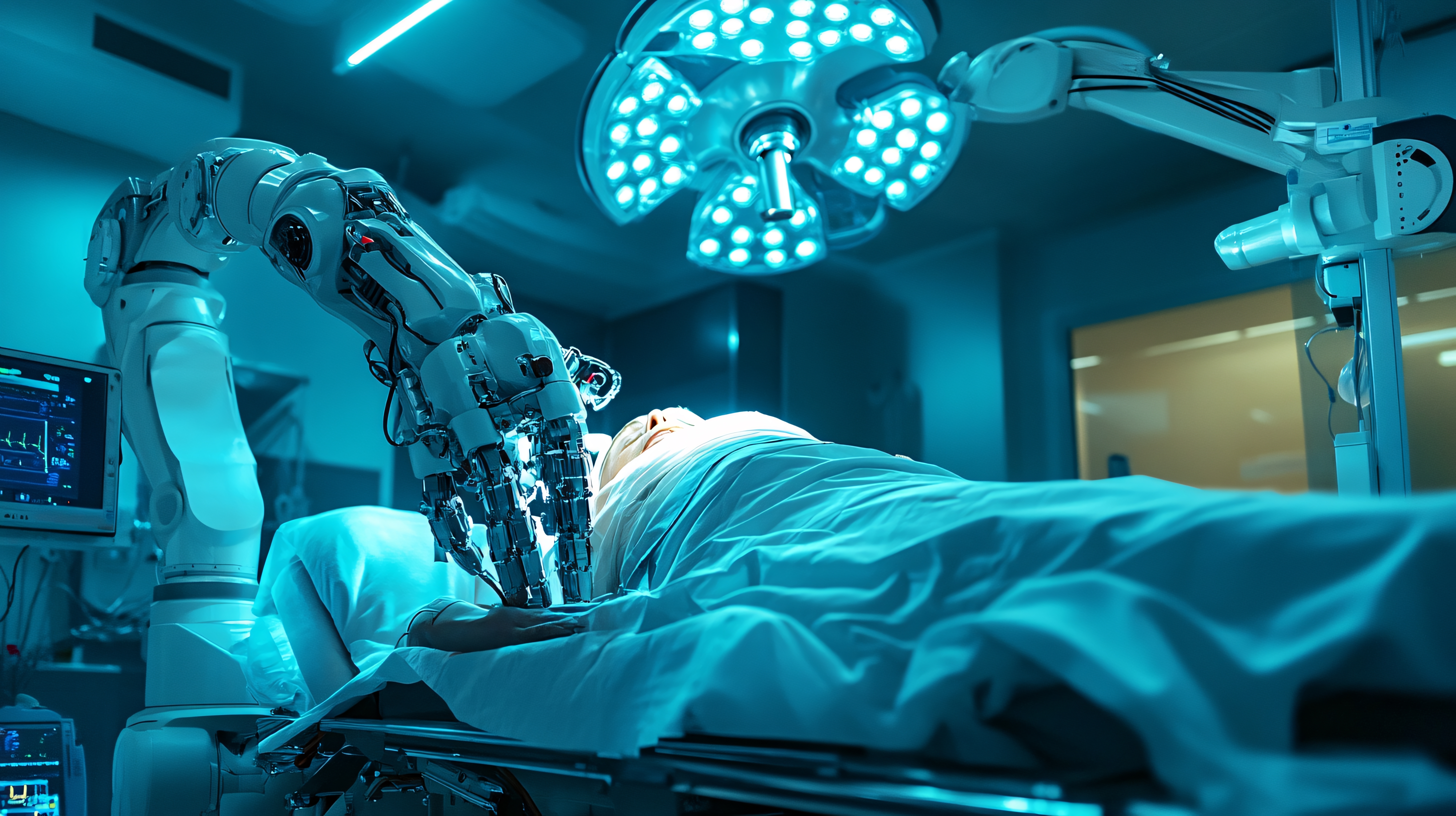 Robô cirúrgico operando paciente em sala de cirurgia moderna, com iluminação azul e equipamentos médicos ao redor.