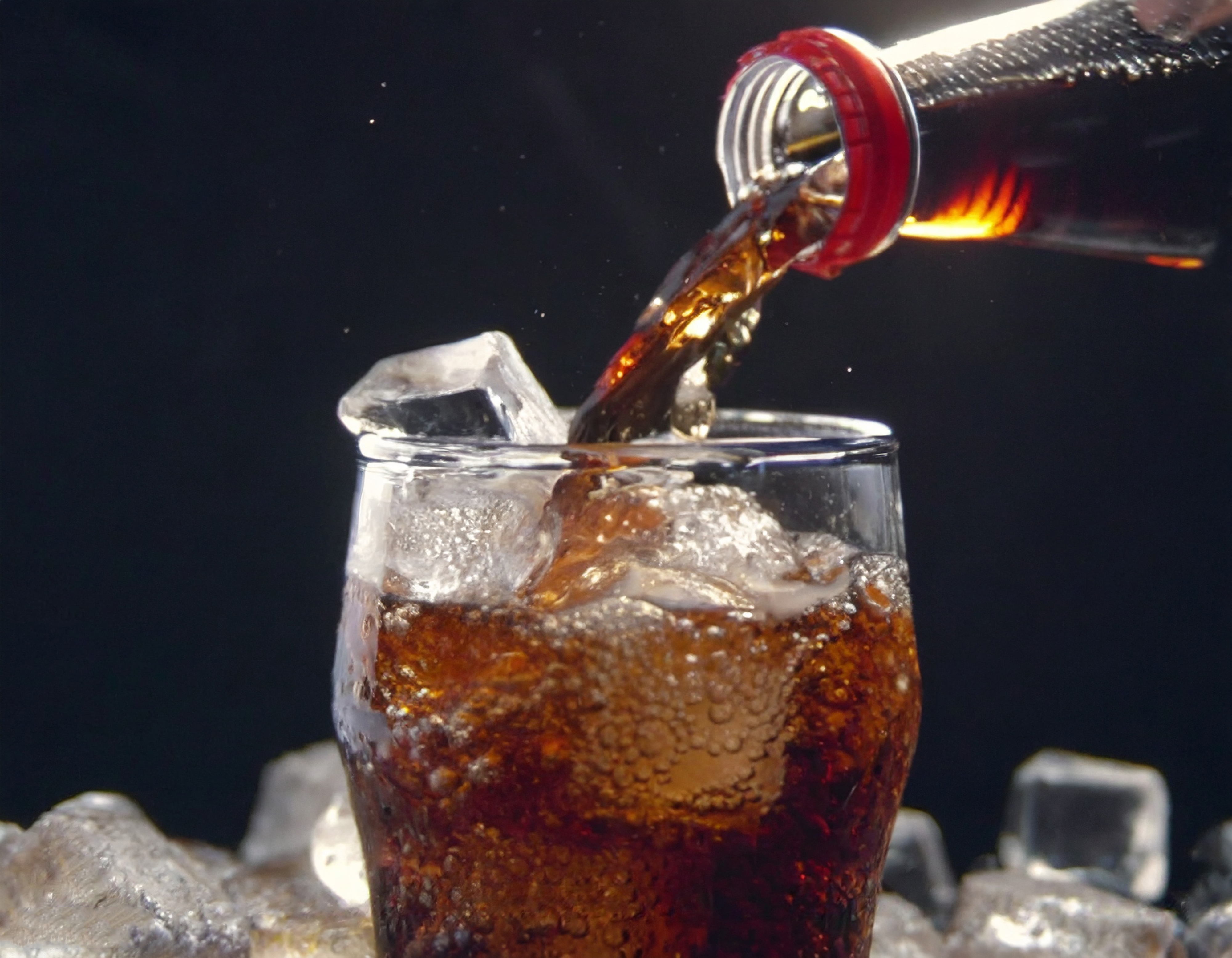 Imagem de refrigerante sendo servido com gelo, ilustrando estudo sobre riscos do refrigerante zero ao fígado.