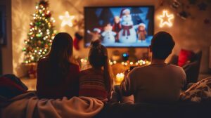 Família reunida assistindo a um filme de Natal em sala decorada, com luzes e árvore natalina ao fundo.