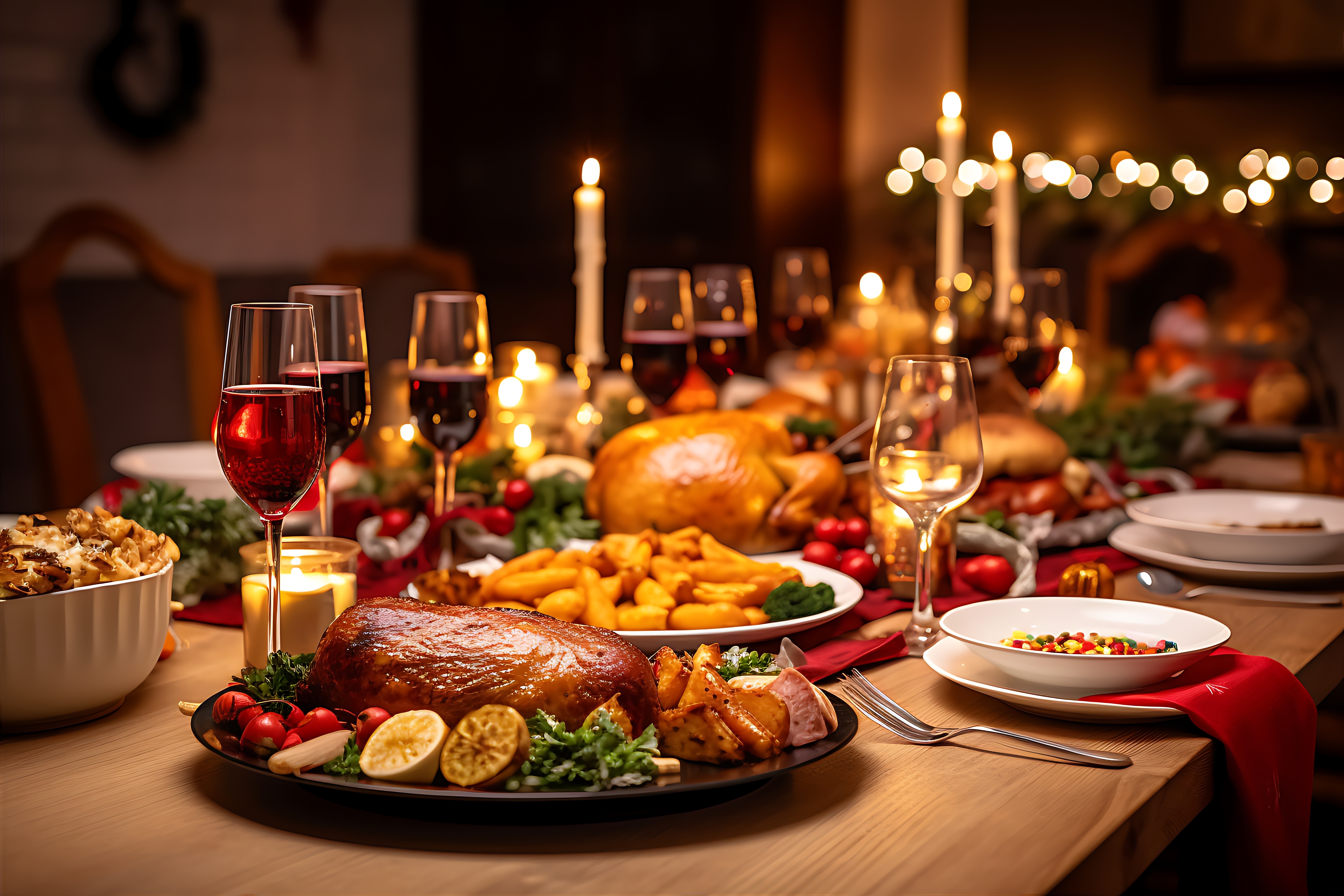 Mesa de ceia de Natal com carnes, acompanhamentos e bebidas alcoólicas, associada a excessos que podem causar azia e má digestão.
