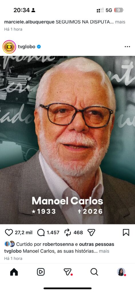 Manoel Carlos, autor de novelas brasileiras, em imagem de homenagem após sua morte aos 92 anos