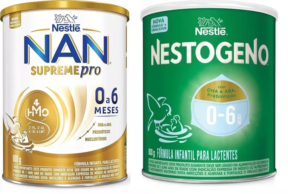 Latas de fórmulas infantis Nan Supreme Pro e Nestogeno da Nestlé