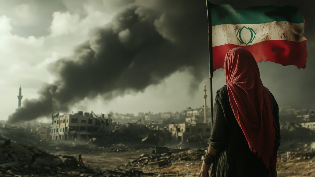 Pessoa diante de bandeira do Irã observa cidade com prédios destruídos e fumaça após ataques militares