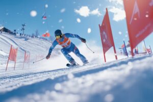 Atleta de esqui alpino em prova de velocidade na neve durante competição de inverno