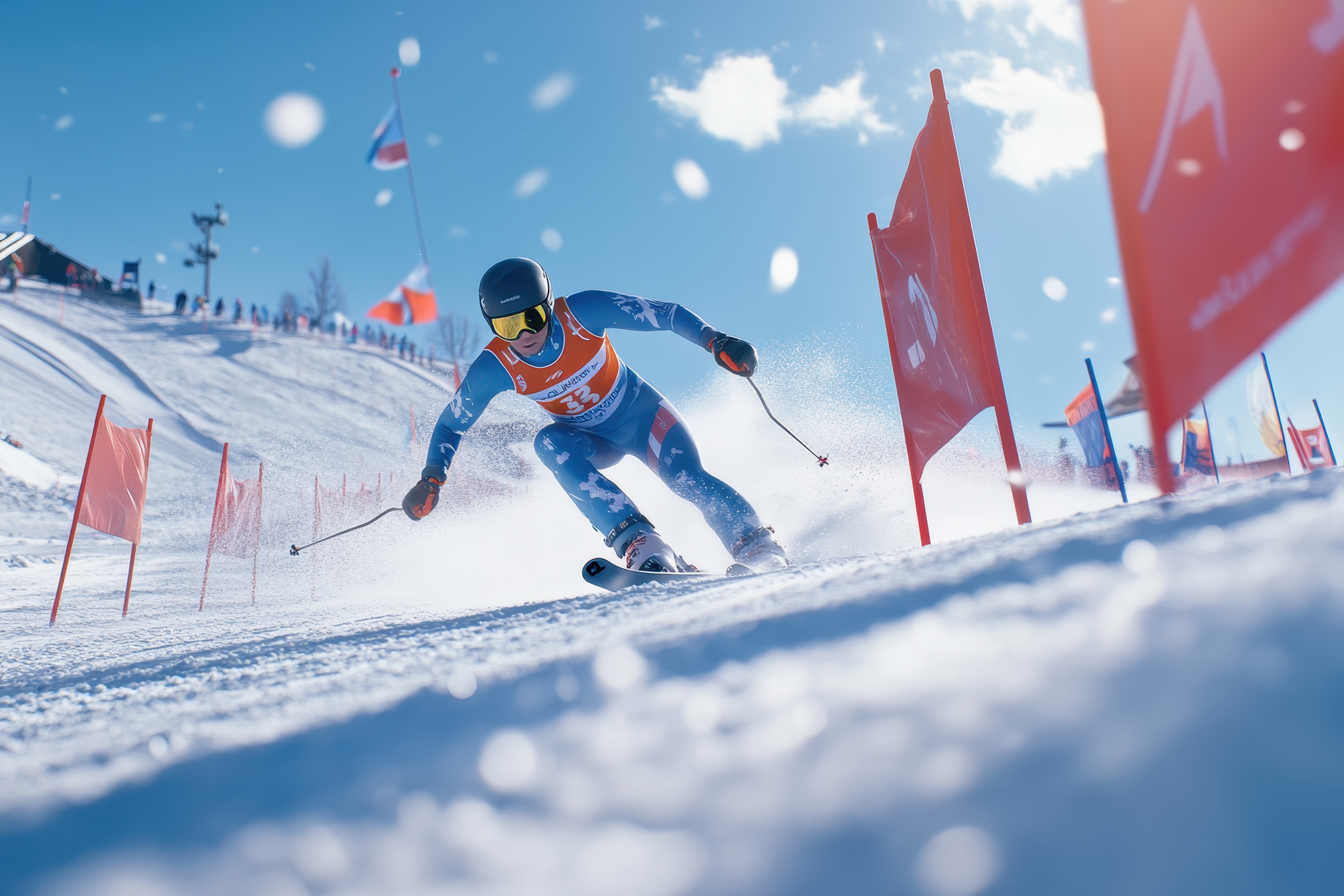 Atleta de esqui alpino em prova de velocidade na neve durante competição de inverno