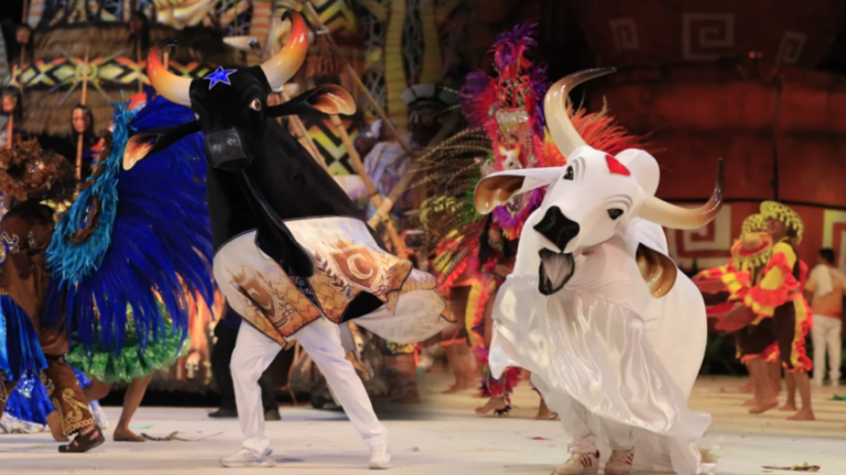 Ensaios técnicos de Caprichoso e Garantido durante apresentação do Festival de Parintins com os bois azul e vermelho na arena.