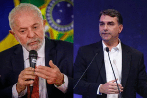 Lula e Flávio Bolsonaro ilustram pesquisa Quaest que mostra Lula na liderança do segundo turno das eleições de 2026.