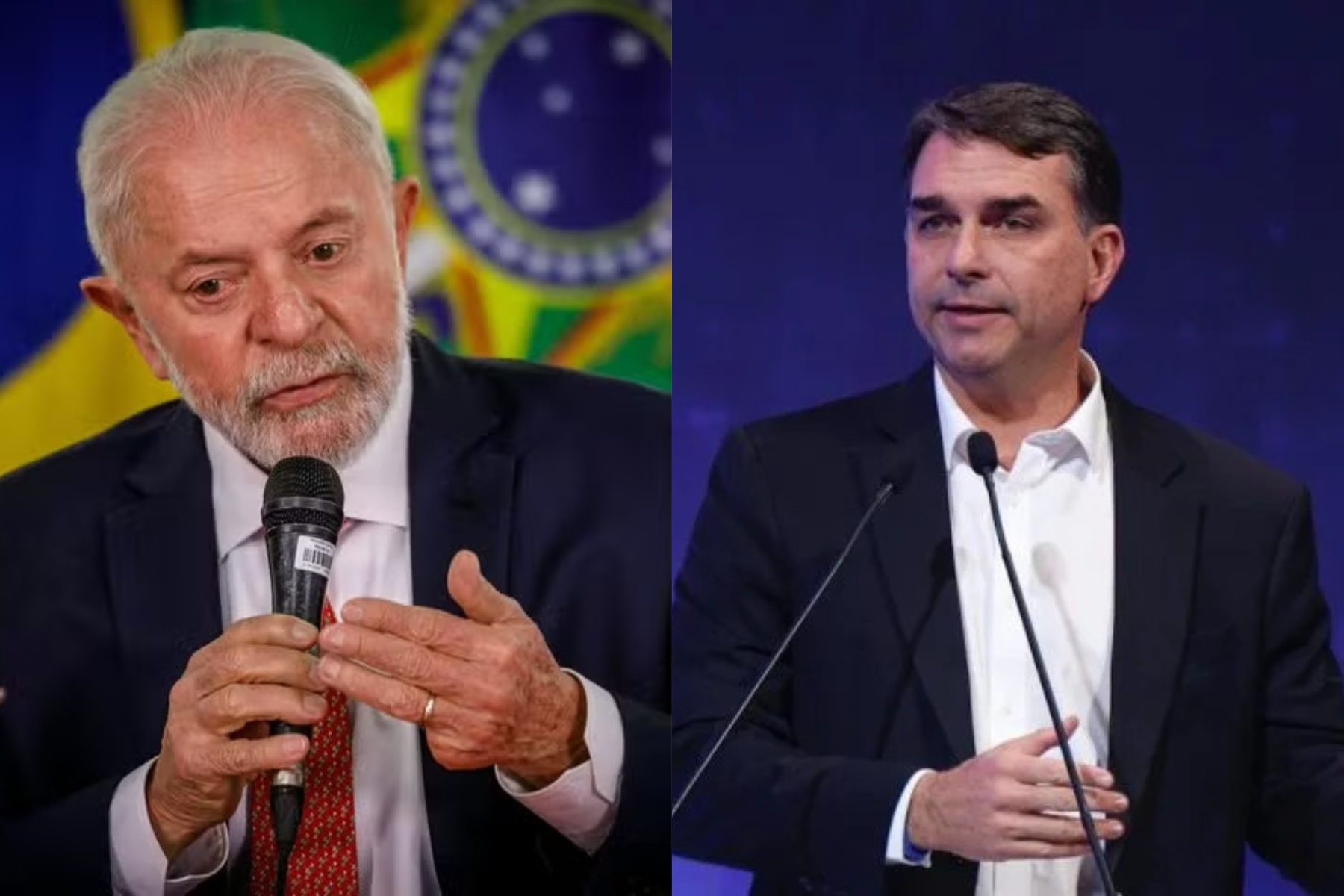 Lula e Flávio Bolsonaro ilustram pesquisa Quaest que mostra Lula na liderança do segundo turno das eleições de 2026.