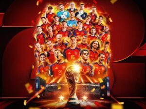 Arte comemorativa da seleção da Espanha campeã da Copa do Mundo de 2026 após vencer a Argentina na final.