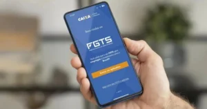 Aplicativo do FGTS em celular para consulta do lucro distribuído aos trabalhadores.
