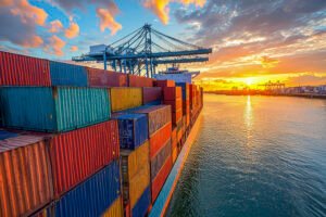 Navio cargueiro com contêineres; tarifa de 25% dos EUA afetará máquinas, açúcar, pneus e etanol brasileiros.