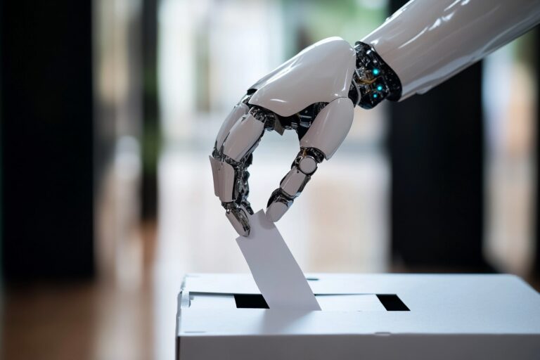 Mão robótica deposita voto em urna, representando o uso da inteligência artificial nas eleições.