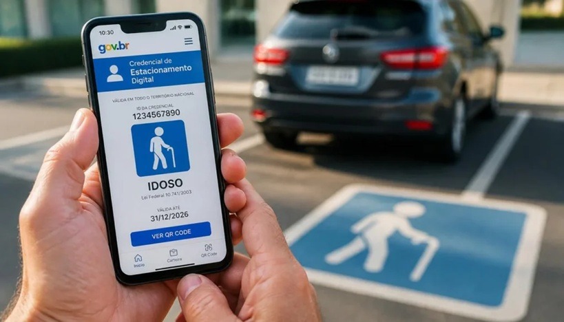 Celular exibe a Credencial Digital de Estacionamento para Idosos em frente a uma vaga reservada.