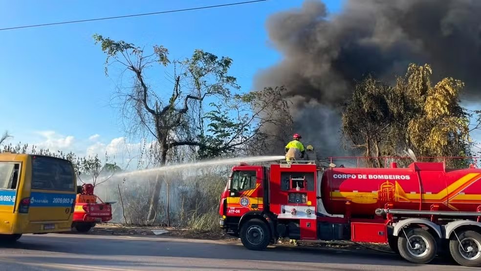 Corpo de Bombeiros combate incêndio em área de vegetação em Manaus.