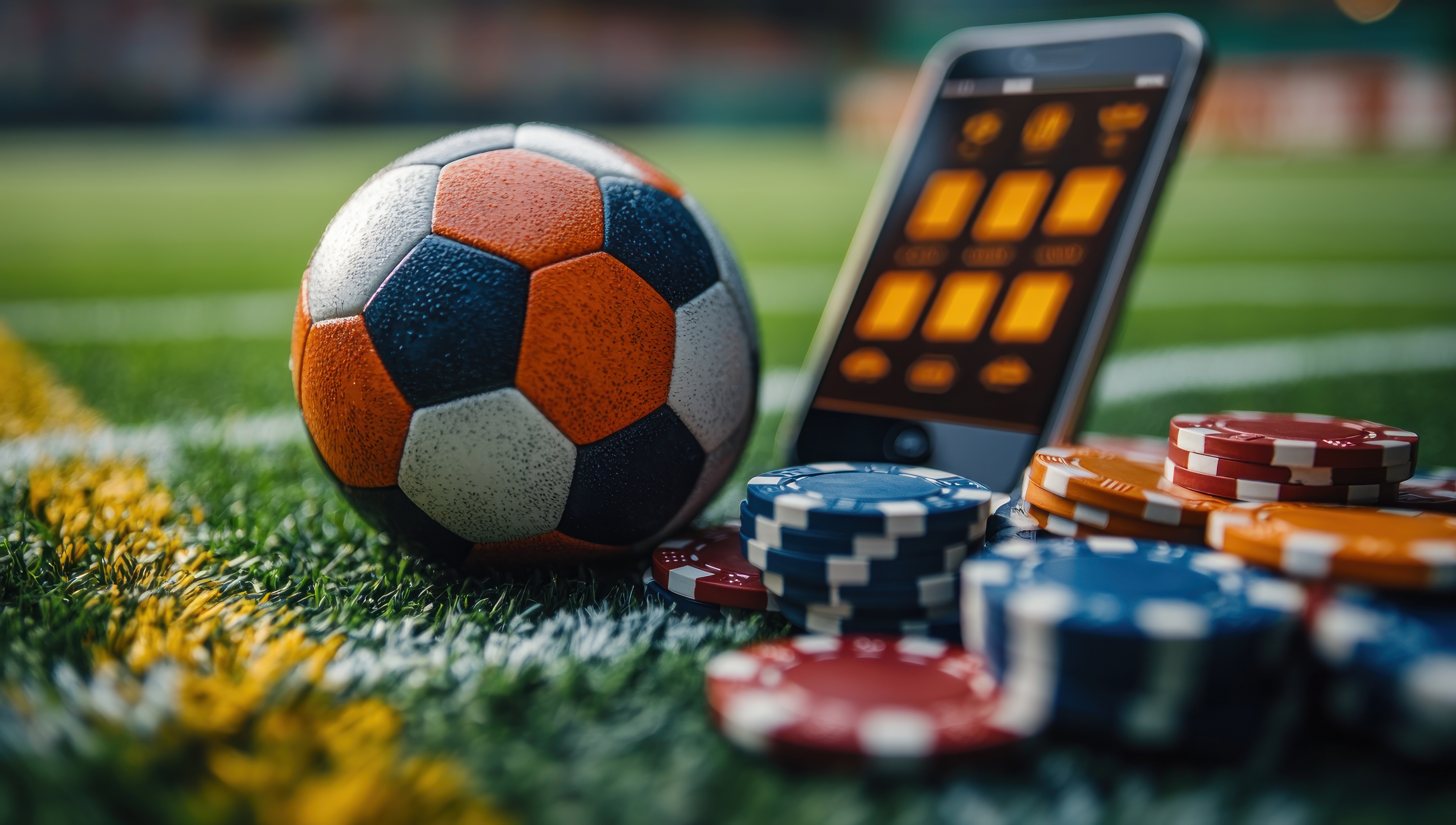 Celular com aplicativo de apostas esportivas ao lado de bola de futebol e fichas de jogo, representando o vício em apostas online.