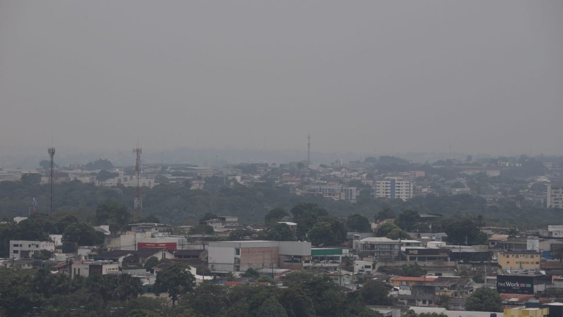 Vista panorâmica de Manaus encoberta pela fumaça, com prédios e árvores sob céu acinzentado