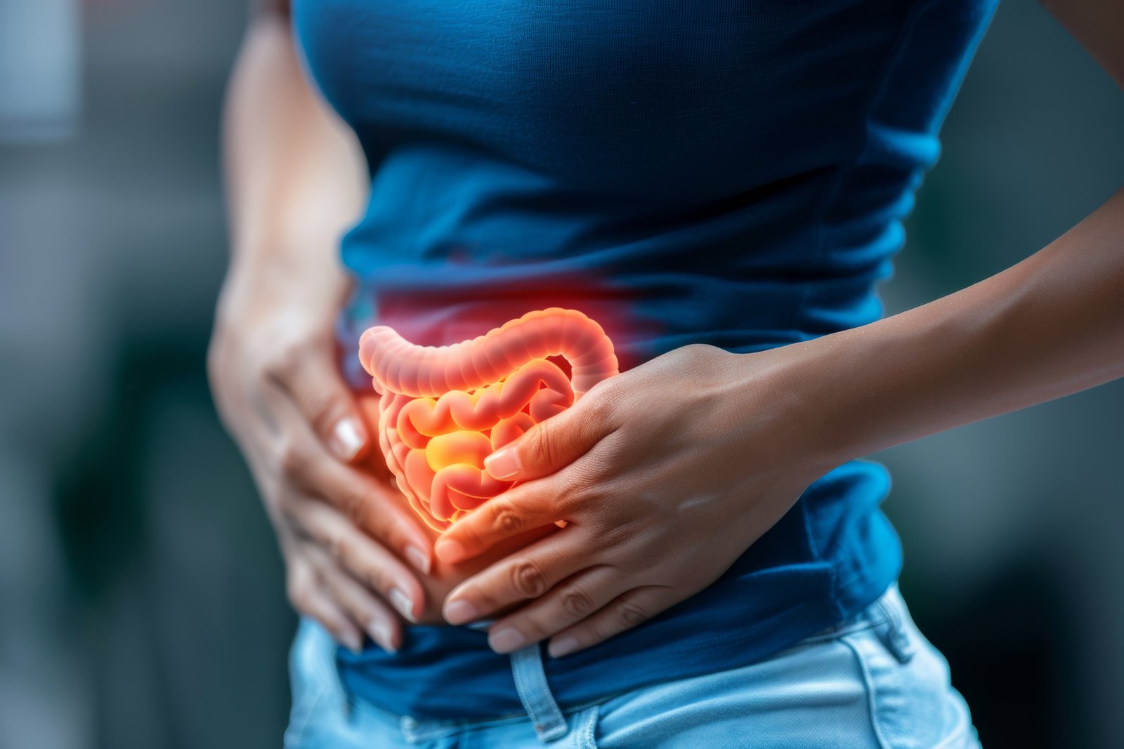 Pessoa com as mãos sobre o abdômen e ilustração do intestino em destaque
