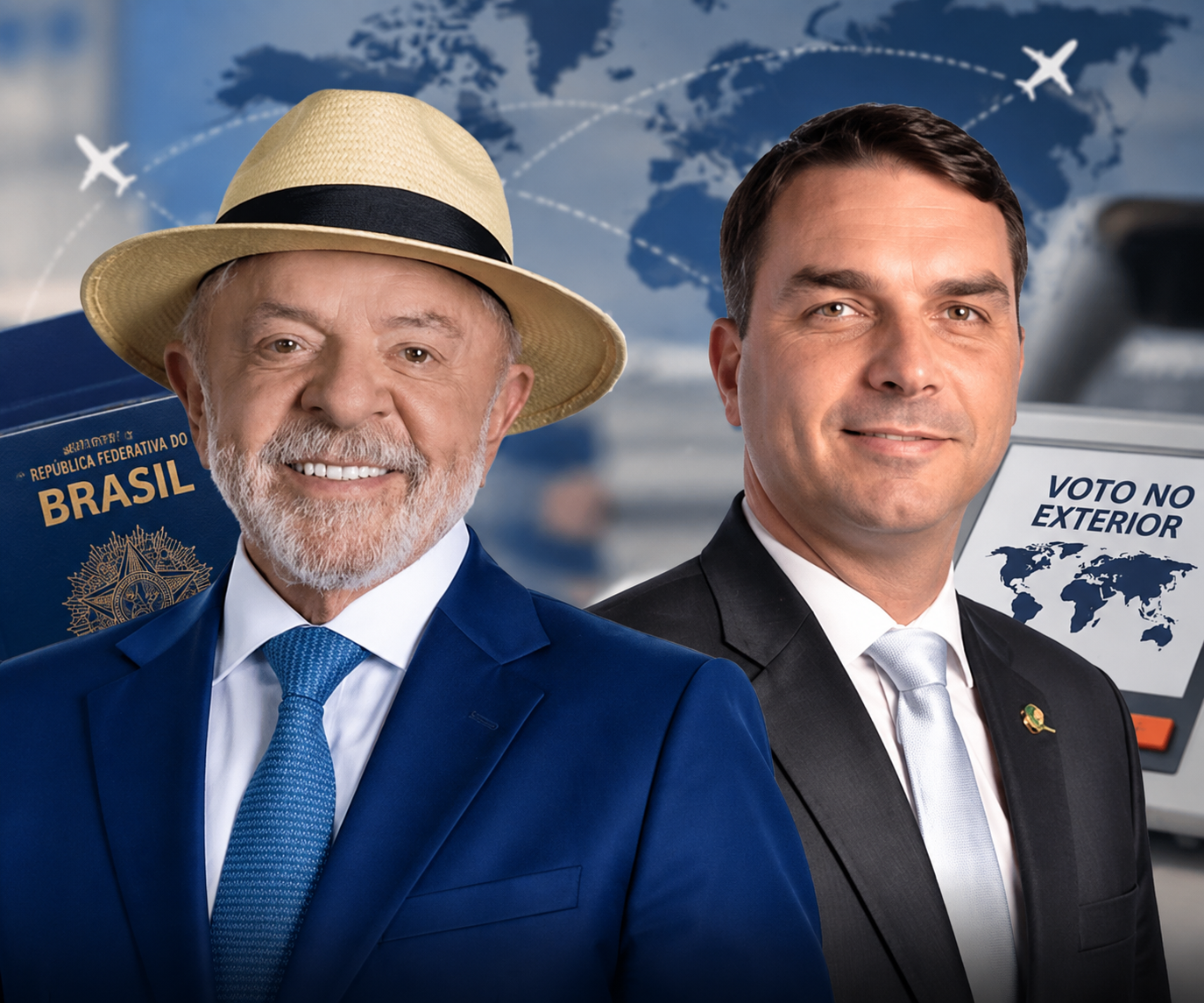 Montagem com Lula e Flávio Bolsonaro sobre votação de brasileiros no exterior nas eleições de 2026